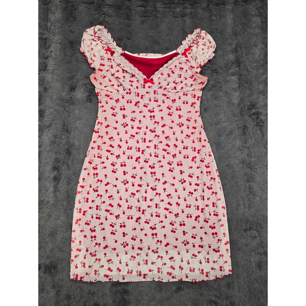 Romwe Pink Cherry Print Mesh Mini Dress Lace Trim Ruffle Cap Sleeve Red Size M 6